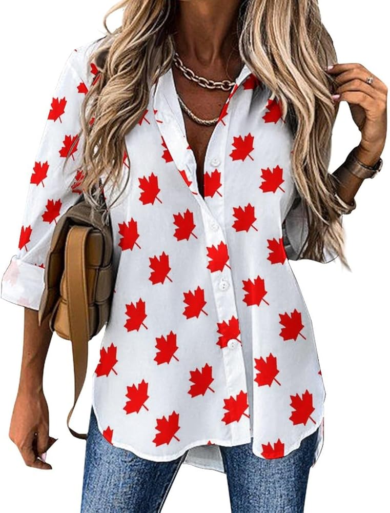 Canadian Maple Leaf Classic Shirts for Women Long Sleeve Blouse Casual V Neck Tee Tops Work Office