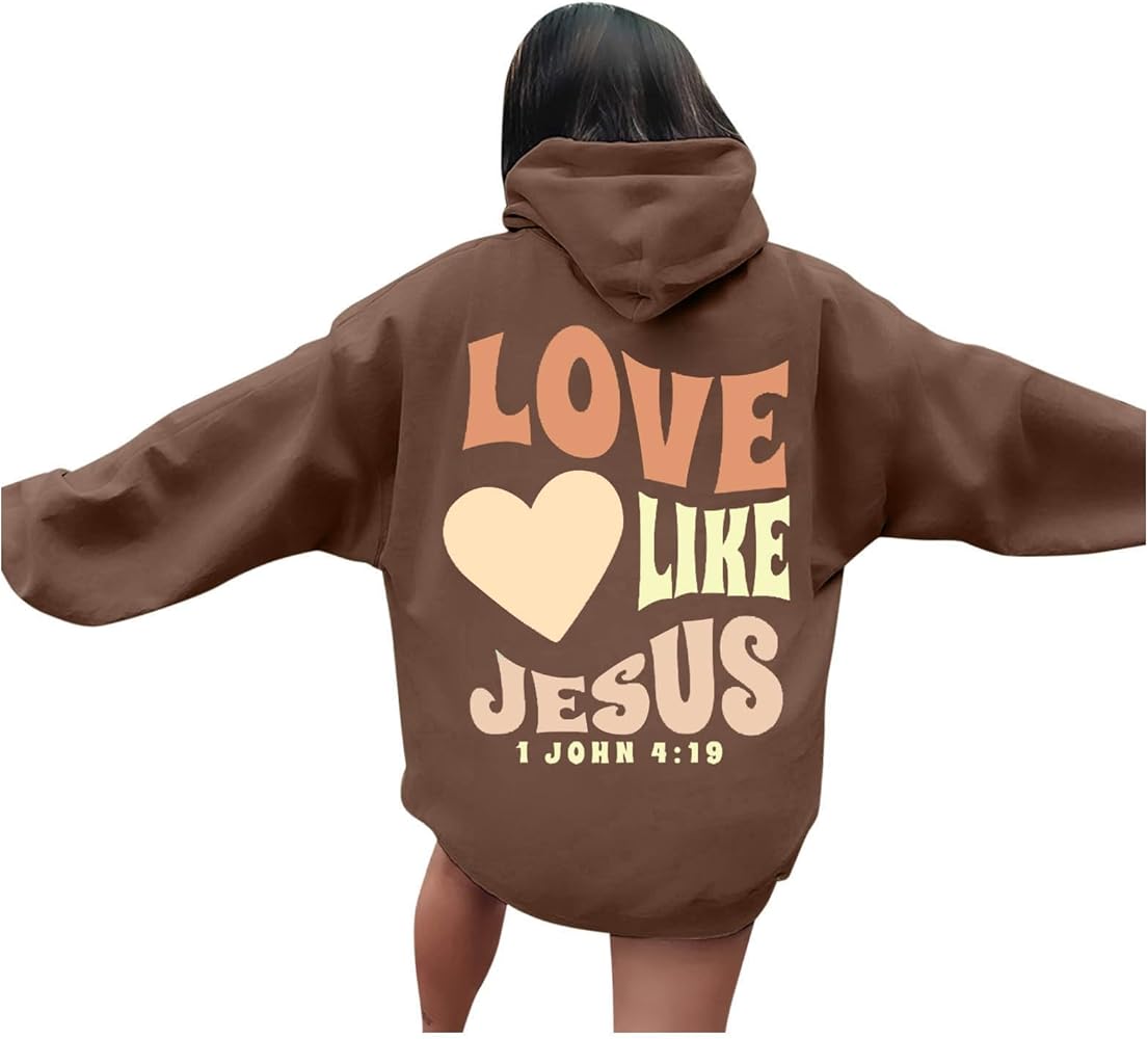 Hoodies for Women with Designs Love Like Jesus Letter Printed Pullover Top Oversize Sweatshirts with Pocket Christian Hoodies Plus Size Hoodies for Women (A20 Brown,S)