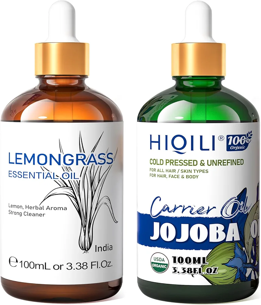 HIQILI Lemongrass Essential Oil and Jojoba Oil, 100% Pure Natural for Diffuser - 3.38 Fl Oz