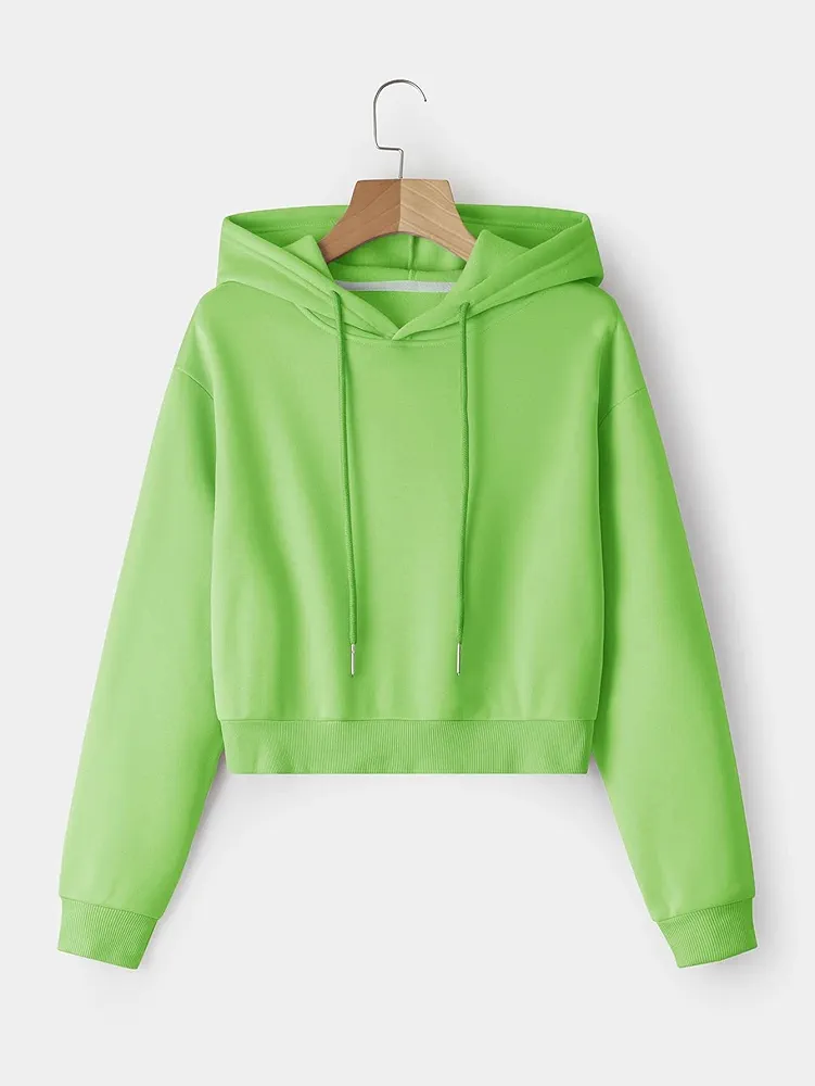 Women's Sweatshirt Sweatshirts Hoodies Solid Drawstring Crop Thermal Lined Hoodie Warmth Beautiful Lovely Fashionable (Color : Lime Green, Size : Large)