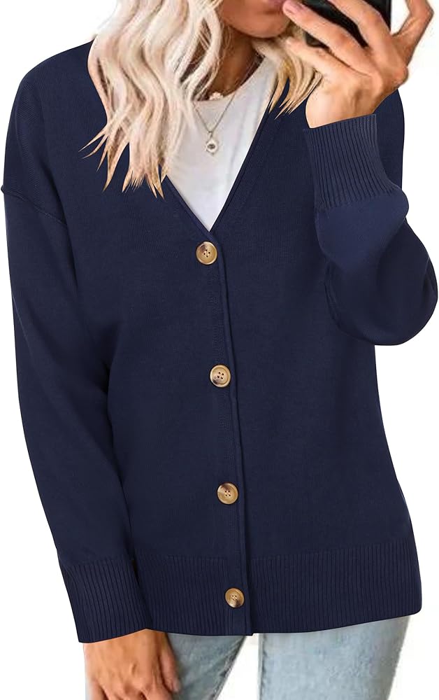 Zeagoo Women's Oversized Button Cardigan Sweaters 2024 Fall Open Front Lightweight Cardigans V Neck Loose Knit Outwear Navy Blue