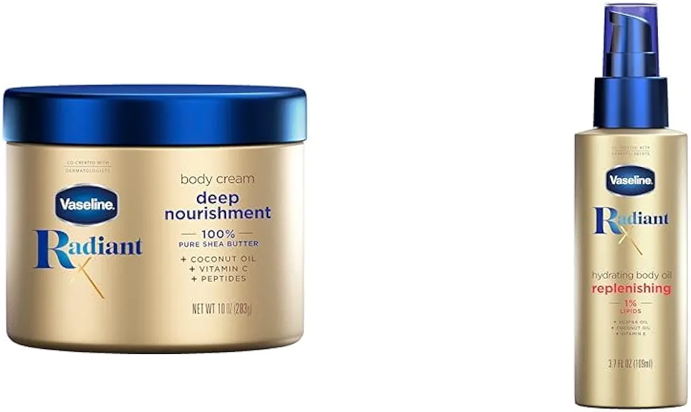 Vaseline Radiant X Deep Nourishment Body Cream 100% Pure Shea Butter, Coconut Oil, Vitamin C, & Peptides 10 oz & Radiant X Replenishing and Hydrating Body Oil with 1% Lipids, Jojoba Oil, Coconut Oil