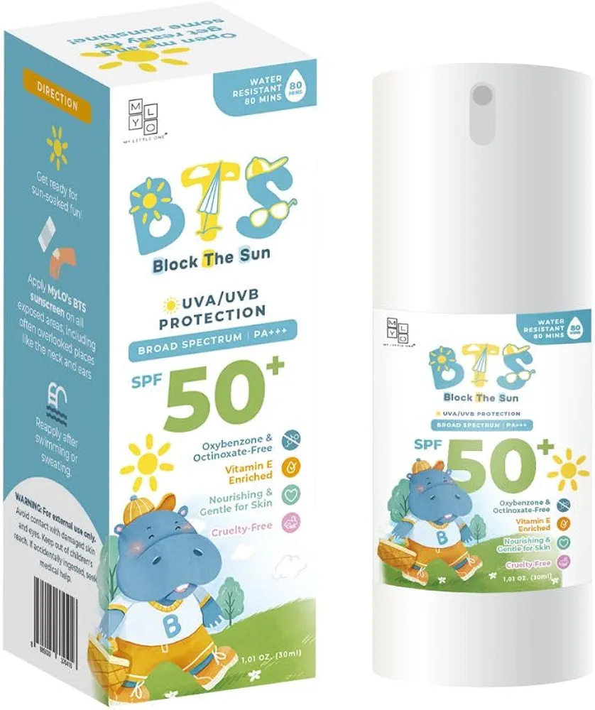 MyLO BTS SPF 50 Sunscreen, Broad-Spectrum UVA UVB Face & Skincare Protection, PA+++, Nourishing Moisturizer For All Baby, Kids & Adult Skin Types, Paraben Free, Water Resistant (Lotion 30ml)