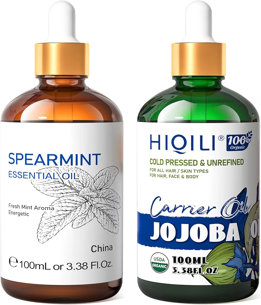 HIQILI Spearmint Oil Essential Oil and Jojoba Oil, 100% Pure Natural for Aromatherapy - 3.38 Fl Oz