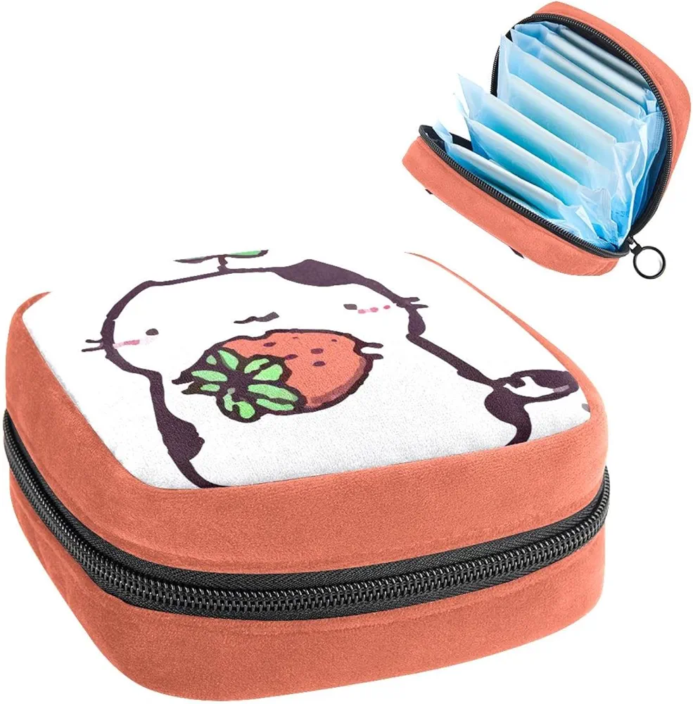 Sanitary Napkin Storage Bag for Feminine Pads, First Period Kit for Women, Cat Strawberry Cute Portable Menstrual Period Sanitary Pouch