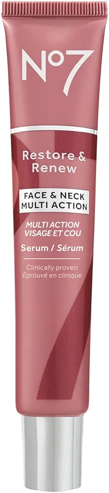 No7 Restore & Renew Multi-Action Face & Neck Serum - Anti Aging Serum for Deep Wrinkle Repair - Collagen Infused Face Serum with a Hydrating Blend of Hibiscus Peptides & Hyaluronic Acid (1.69 Fl Oz)