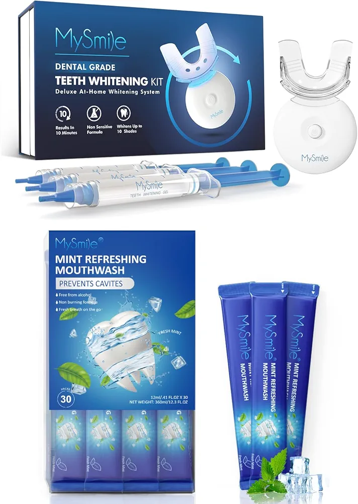 MySmile Teeth Whitening Kit with LED Light, Mouthwash Alcohol Free, Fresh Mint, 30 Uses (0.41 Fl Oz (Pack of 30))