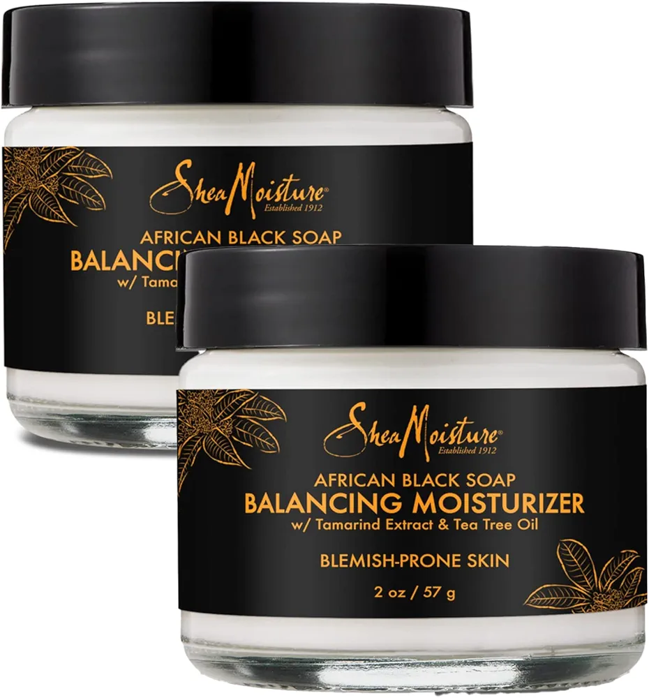 SheaMoisture Skin Care, Face Moisturizer, Authentic African Black Soap Balancing Moisturizer for Acne & Blemish Prone Skin, Tamarind Extract, Tea Tree Oil & Shea Butter, 2 Pack - 2 Oz Ea