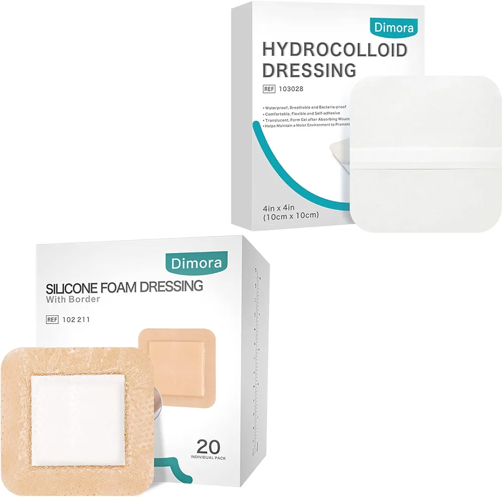 Dimora Hydrocolloid Dressing 4" x 4" 10 Pack 0.5mm Thick + Silicone Foam Dressing with Border 20 Pack Adhesive 4"x4"