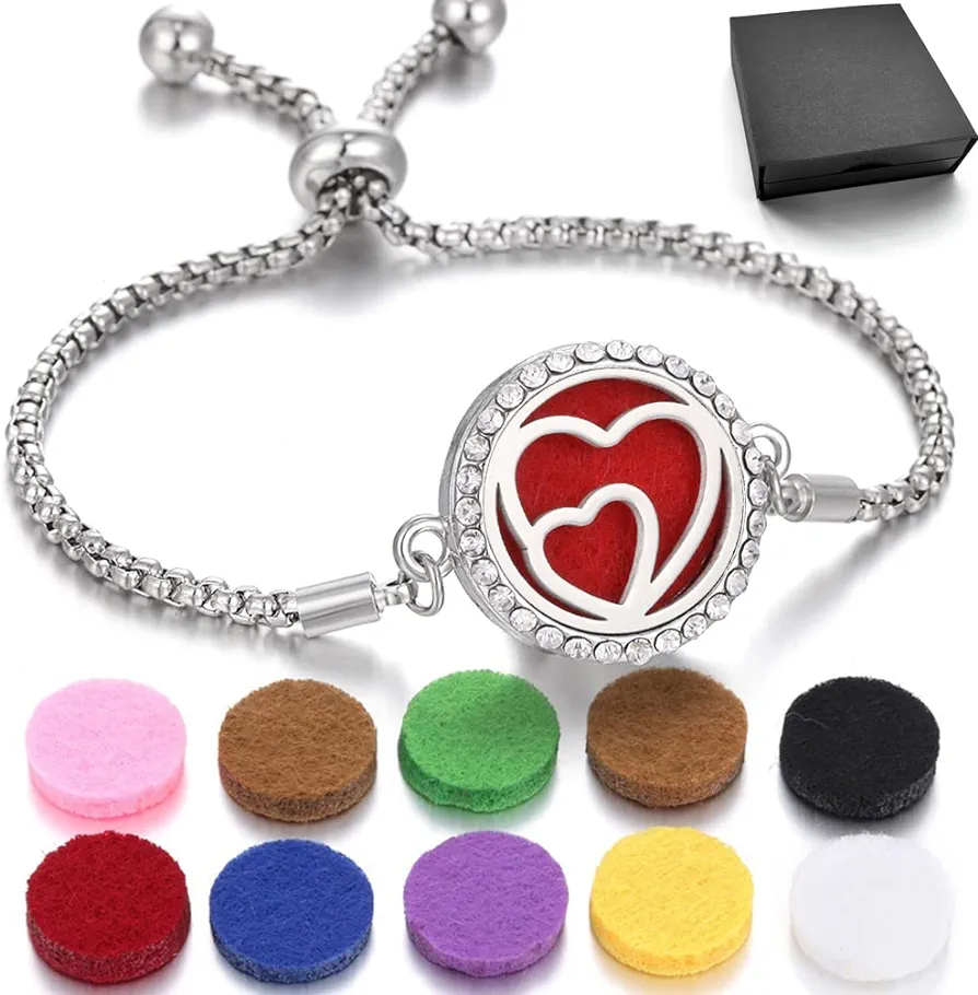 JEAN SMILE Essential Oil Diffuser Bracelet Aromatherapy Locket Scent Bracelet Adjustable Bracelet Love Motif Styles Set with 10 Refill Pads，Pads Send a Beautiful Gift Box