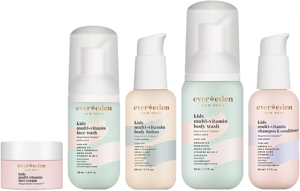 Evereden Kids Complete Routine Travel Set: Clean & Vegan 5-Piece Skin Care Set for Kids | Multi-Vitamin Kids Skin Care Set with Body Wash, Lotion, Face Wash, Face Cream, Shampoo & Conditioner