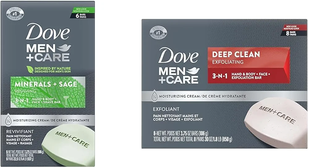 Dove Men Body and Face Bar Soap Bundle - Minerals + Sage Skin Hydrating Bars and Deep Clean Effectively Washes Bacteria 6 Pack