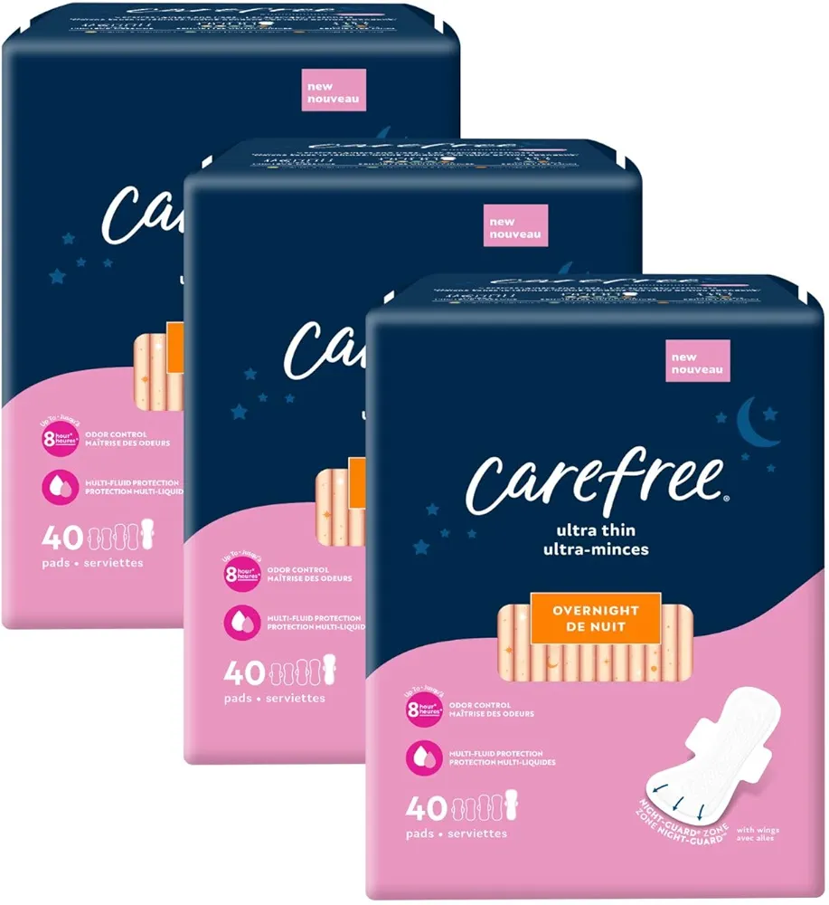 Carefree Ultra Thin Pads for Women, Overnight Pads With Wings, 120ct (3 Packs of 40ct) | Carefree Pads, Feminine Care, Period Pads & Postpartum Pads | 120ct (3 Packs of 40ct)