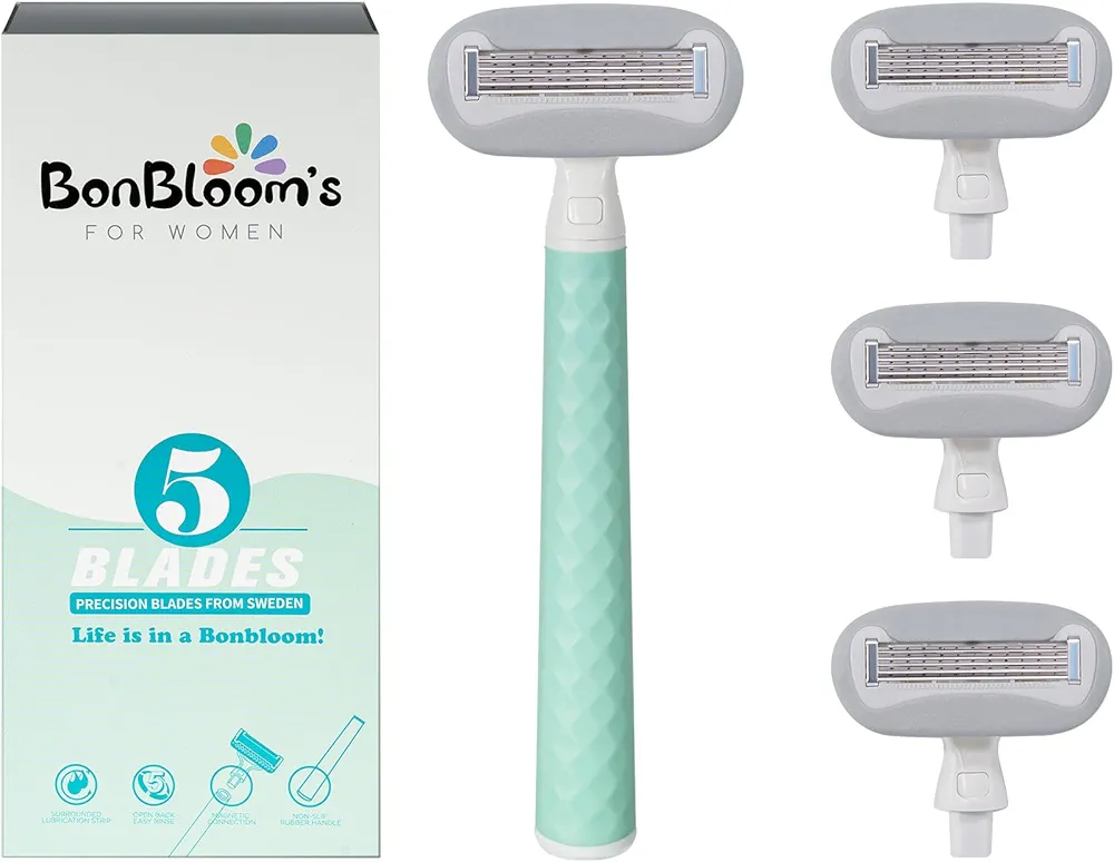 BonBloom's Razors for Women,1 Handle,4x5-Layer Blade Razor Refills,Sharper Blades Smooth Shave,Suitable for Sensitive Skin,Non-Slip Rubber Handle,Green