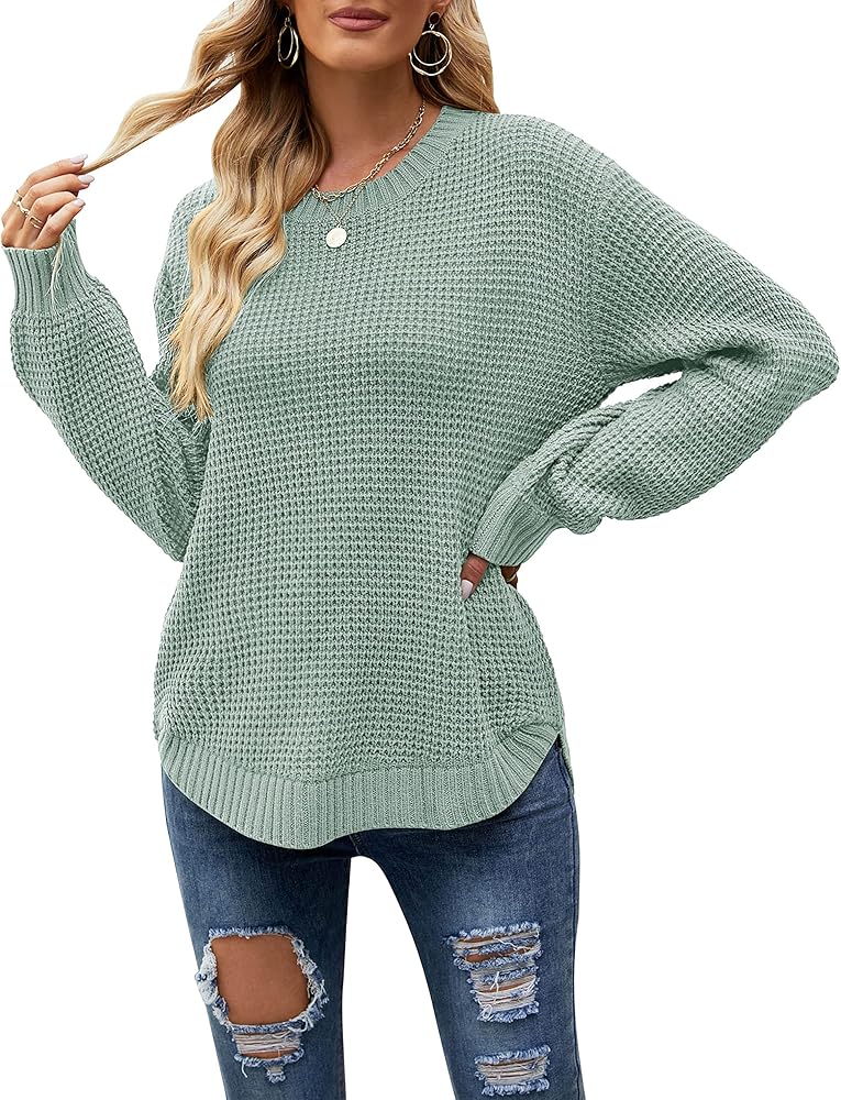 MEROKEETY Women's 2024 Fall Casual Fall Waffle Knit Sweater Long Balloon Sleeve Loose Pullover Jumper