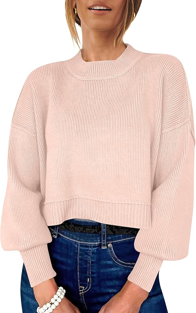 ANRABESS Women's Crewneck Cropped Sweater Batwing Sleeve Oversized Side Slit Ribbed Knit Pullover 2024 Fall Sweater Tops