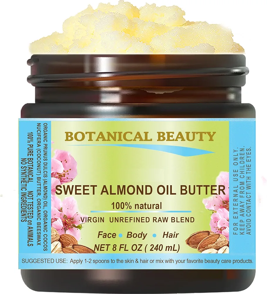 Botanical Beauty SWEET ALMOND OIL BUTTER Pure Natural Virgin Unrefined RAW 8 Fl. Oz.- 240 ml for FACE, SKIN, BODY, DAMAGED HAIR, NAILS.