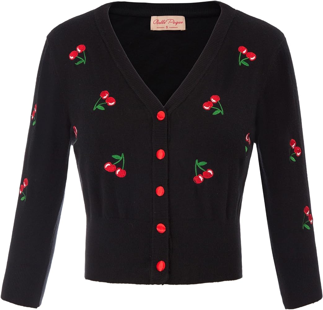 Belle Poque Women's 3/4 Sleeve V-Neck Button Down Cherries Embroidery Cropped Cardigan Sweater Coat