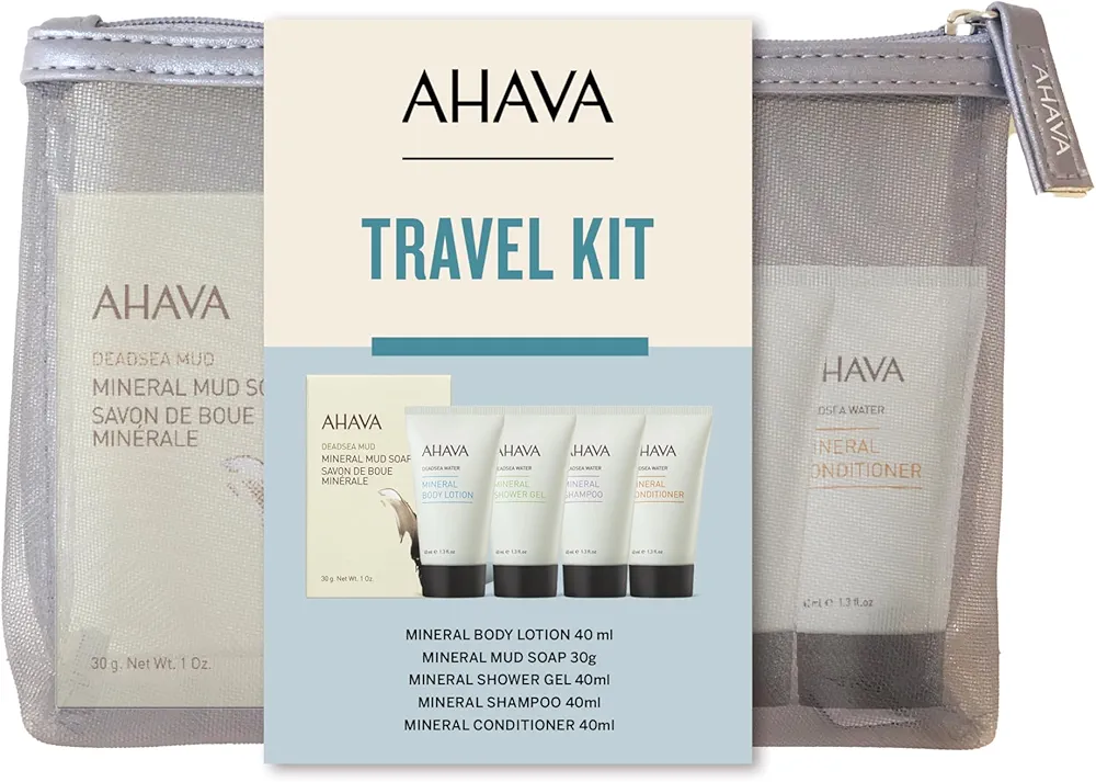 AHAVA Travel Kit - Includes Dead Sea Mineral Body Lotion 1.3 Fl.Oz, Mineral Shower Gel 1.3 Fl.Oz, Mineral Conditioner 1.3 Fl.Oz, Mineral Shampoo 1.3 Fl.Oz & Mineral Mud Soap 1 Oz.