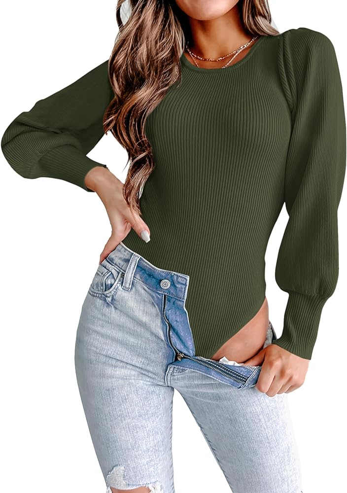 MASCOMODA Long Puff Sleeve Sweaters for Women 2024 Fall Winter Crewneck Knit Ribbed Bodysuit Pullover Tops