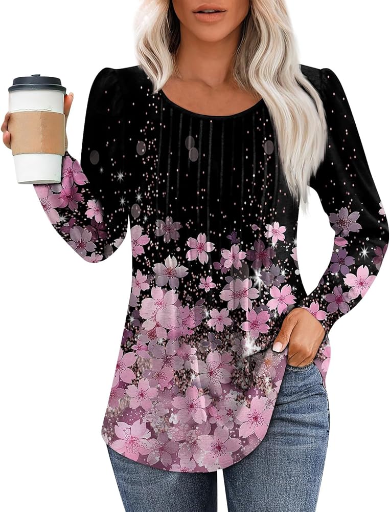 Long Sleeve Shirts for Women Plus Size Floral Printed Tops Casual Crewneck T Shirts Cute Trendy Tunics Blouses