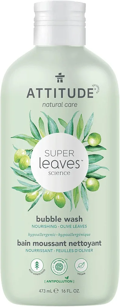 ATTITUDE Bubble Bath, EWG Verified, Plant and Mineral-Based, Dermatologically Tested, Vegan Body Care Products, Olive Leaves, 16 Fl Oz