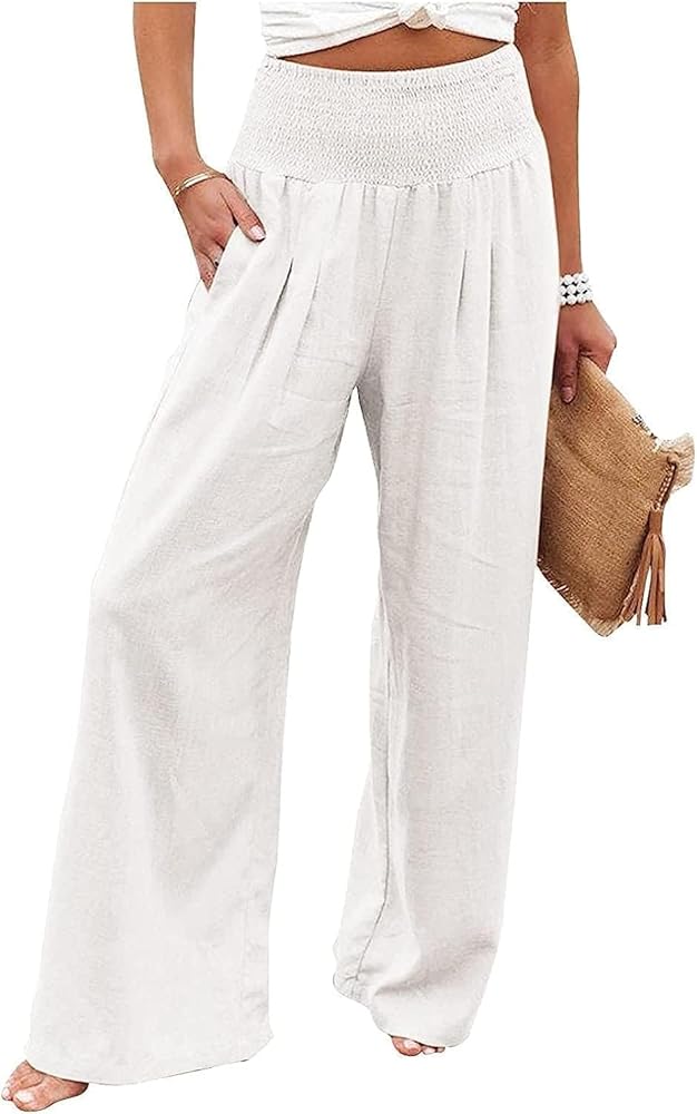 Linen Pants for Women Summer Smocked High Waisted Palazzo Pants Lounge Wide Leg Pants Trousers Beach Pants