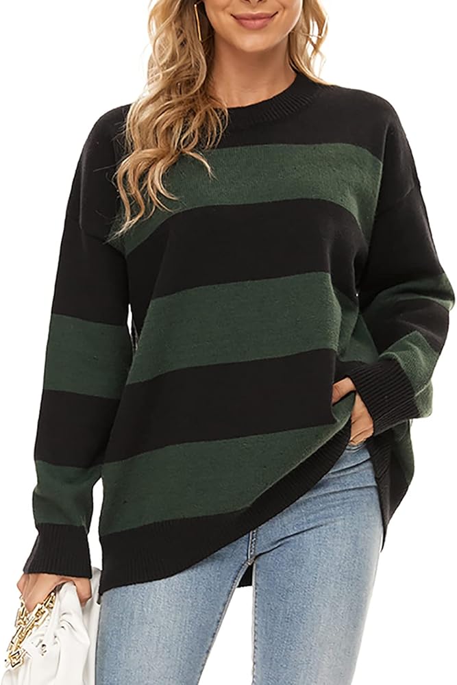 Striped Sweater Women Crewneck Oversized Pullover Sweaters Knit Color Block