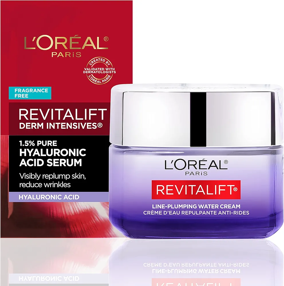 L'Oreal Paris Revitalift Moisturizer, Hyaluronic Acid Water Cream with Ceramides, Deeply Hydrating, Fragrance Free 1.7 oz + Serum Sample