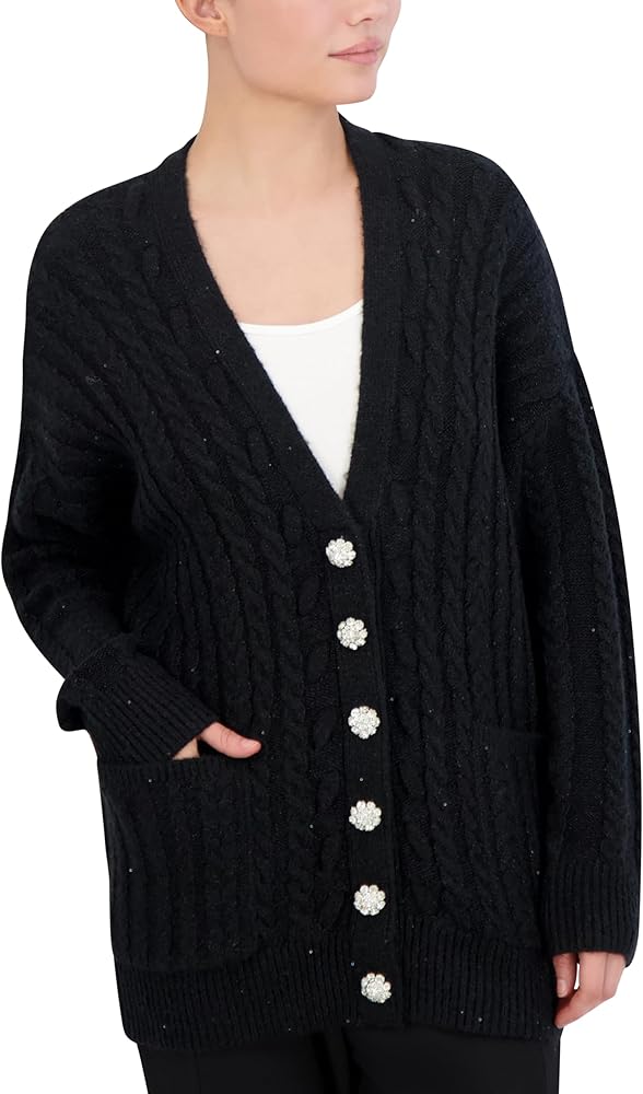 BCBGMAXAZRIA Women's Long Sleeve V Neck Cable Cardigan Sweater