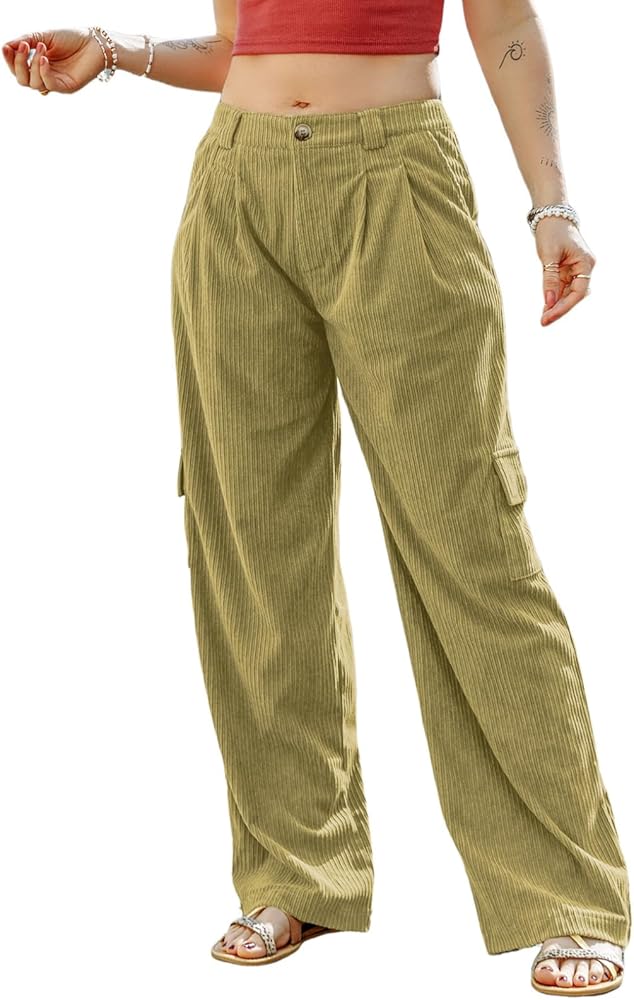 Dokotoo Corduroy Cargo Pants 4 Pockets Casual High Waisted Straight Leg Pants Baggy Comfy Trousers