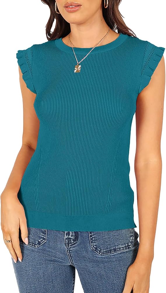 Ferlema Womens Summer Sweater Vest Casual Crew Neck Ribbed Knit Ruffle Sleeve Lightweight Pullover Tank Tops