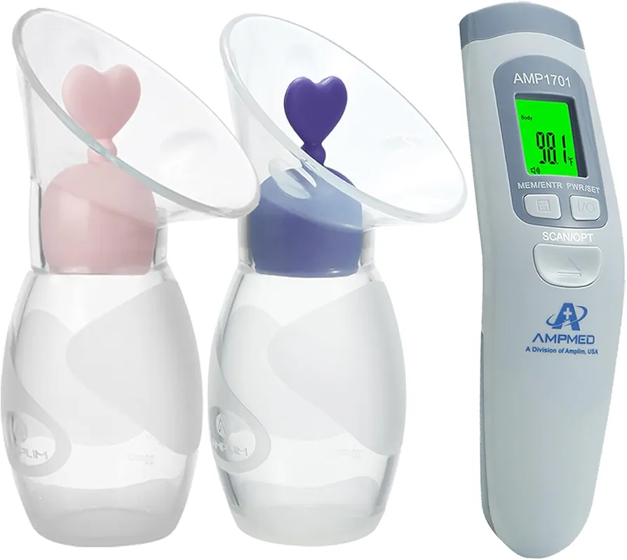 Amplim Deluxe Manual Silicone Breast Pump and No Touch Forehead Thermometer for Babies and Adults | Bundle Pack