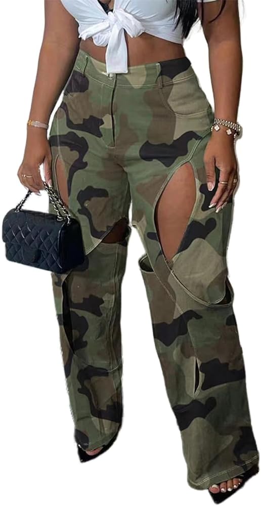 Women's Camo Cargo Pants High Waist Y2K Baggy Cut Out Straight Leg Casual Trousers Streetwear