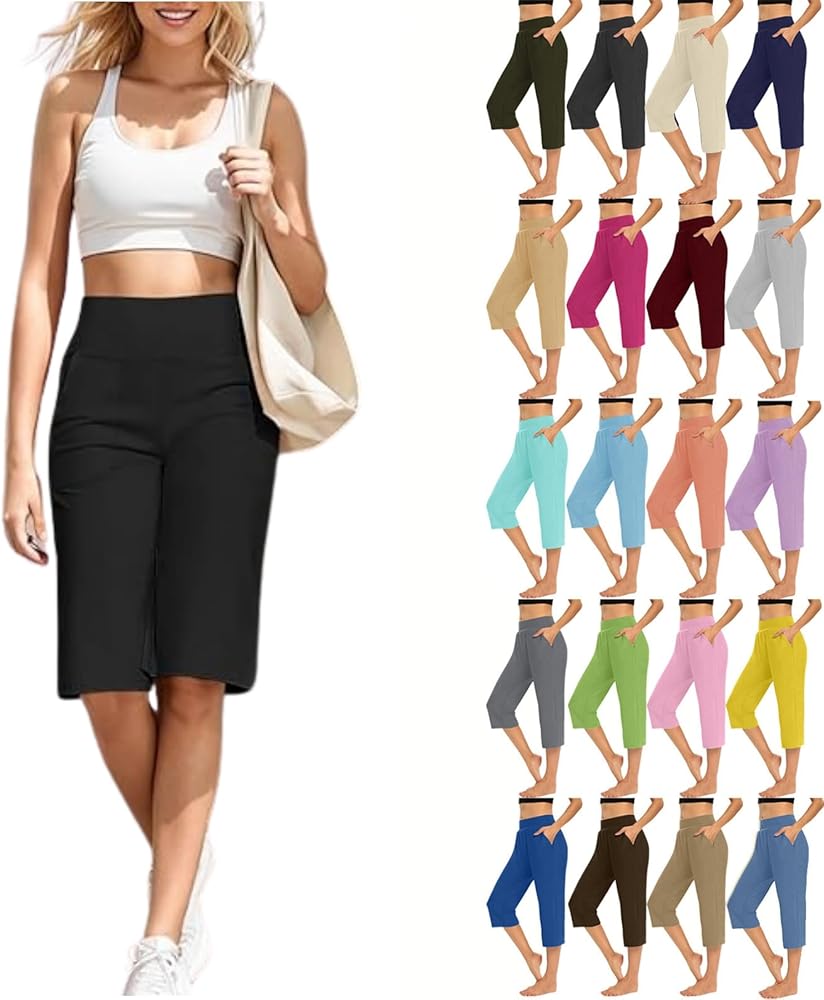 2024 Capris Pants for Women Summer Casual High Wasit Capri Yoga Pants Comfy Stretchy Cropped Lounge Pants with Pocket