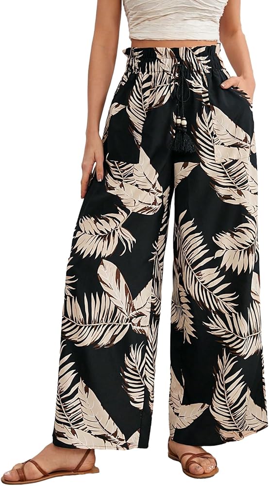 MakeMeChic Women's Tropical Casual Drawstring Wide Leg Pants Shirred High Waisted Palazzo Pants with Pocket