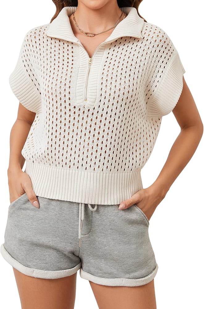 OLAPTA Women Summer Oversized Hollow Out Casual Sweater Vest Half Zip Lapel Cap Sleeve Crochet See Through Loose Knit Tops