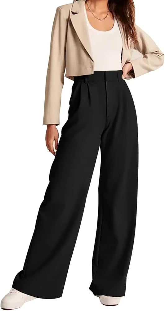 Women's Wide Leg Formal Pants Elastic Waist Business Casual Suit Pants with Pockets Fashion Trousers