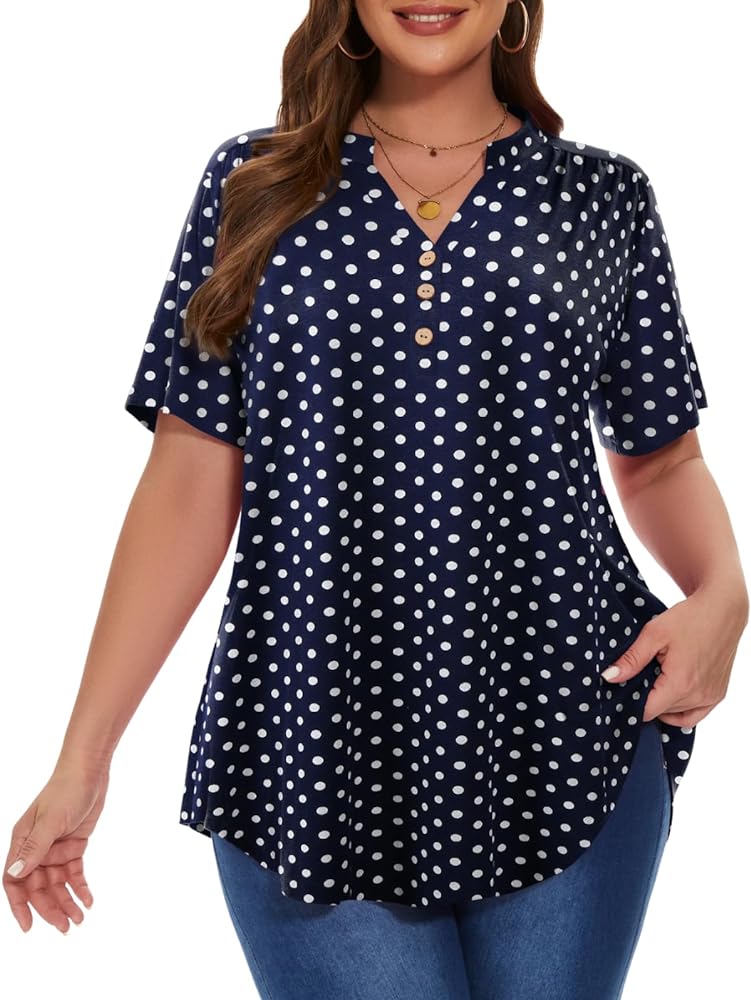 MONNURO Womens Plus Size Tops Short Sleeve Henley Button Down T Shirts Blouses