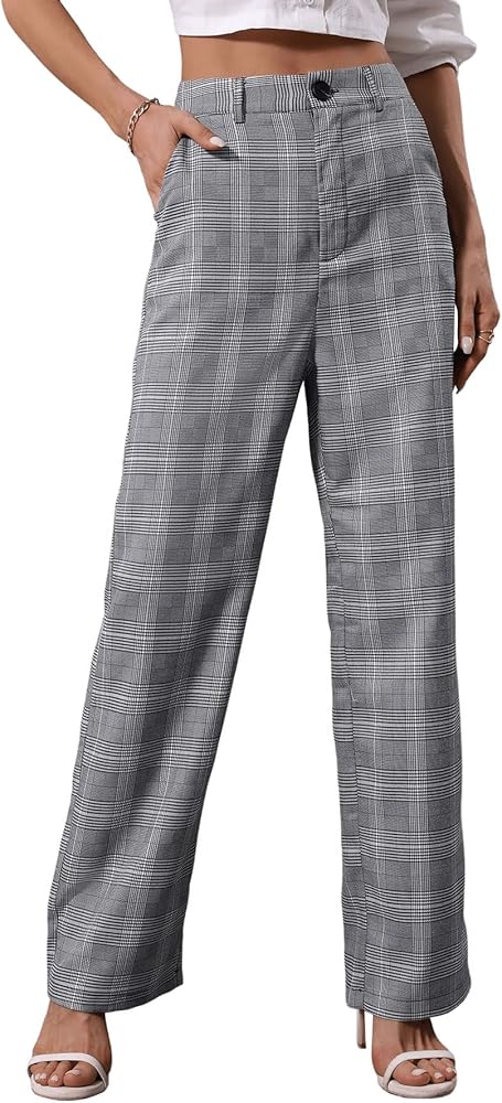 SweatyRocks Women's Plaid Print Dress Pants High Waisted Wide Leg Suit Pants with Pocket