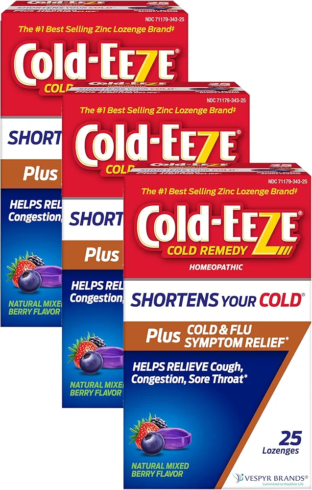 COLD-EEZE Plus Natural Mixed Berry Cold & Flu Zinc Lozenges, Multi-Symptom Relief, Homeopathic Cold Remedy, Reduces Duration of The Common Cold, Sambucus Nigra to Relieve Cold & Flu (Pack of 3)