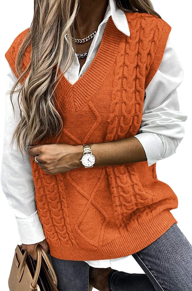 Yousify Women Cable Knit Oversize Sweater Vest V Neck Sleeveless Vintage Loose Sweaters Tops