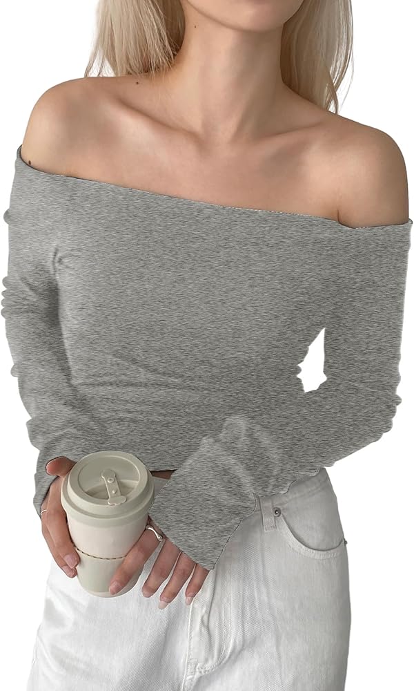 SweatyRocks Women's Long Sleeve Off Shoulder Tee Causal Slim Fit Stretchy Shirts Blouses Top