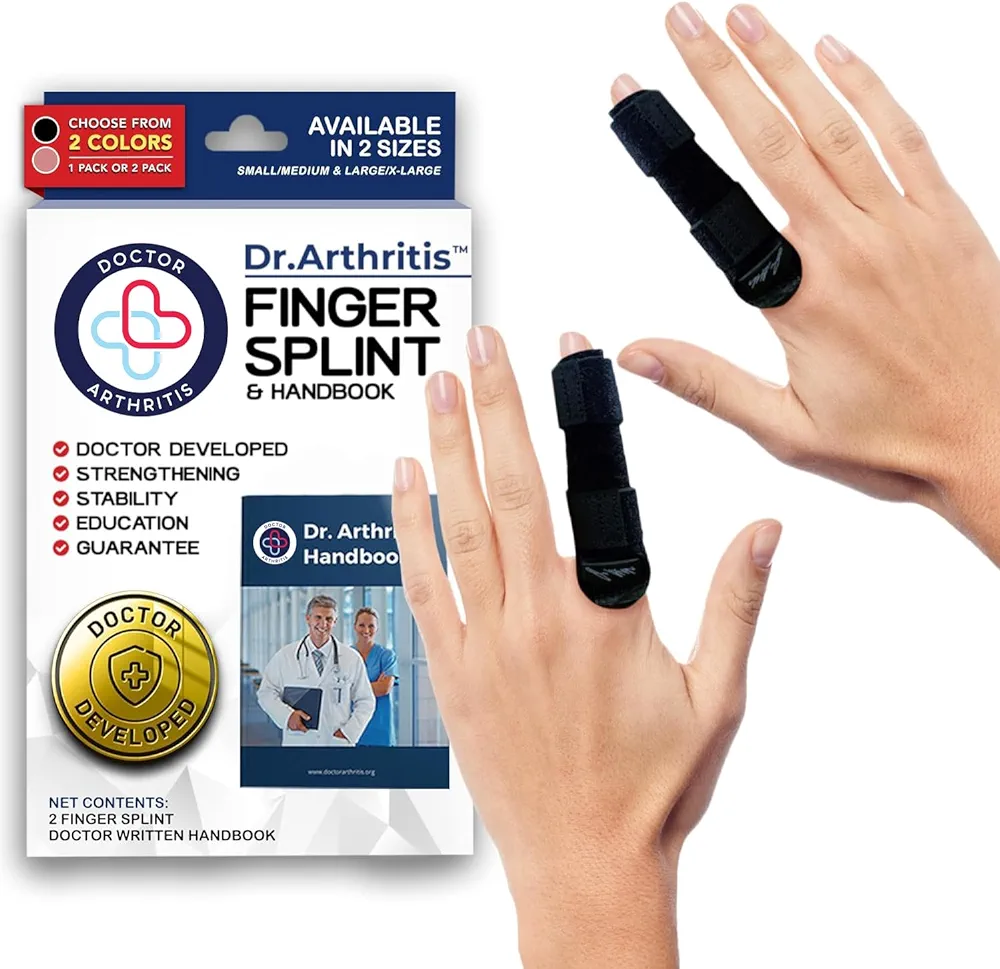 Finger Splint with Doctor's Handbook Premium Finger Brace - Braces, Splints & Supports Index, Middle, Ring & Pinky Finger - Padded Finger Splints for Straightening - Full Finger Guard (L/XL, Black, 2)