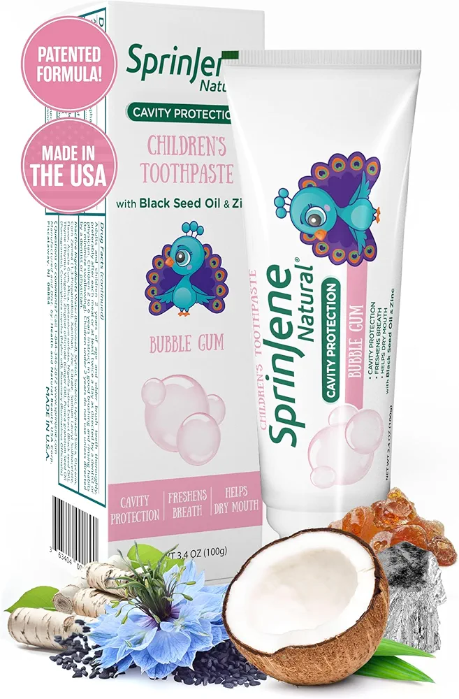 Sprinjene Kids Toothpaste Bubblegum Toothpaste Kids Fluoride Toothpaste SLS Free Cavity Protection Toothpaste with Patented Natural Formula 1 Pack - Improved Flavor