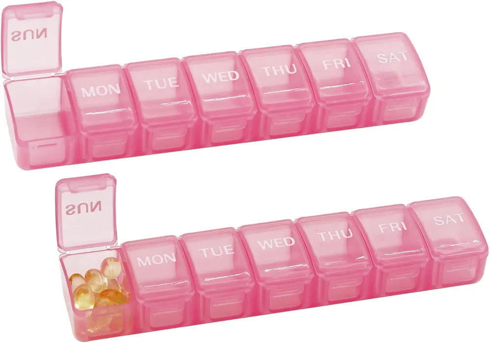 2 Packs Small Weekly Pill Organizer,Pocket Daily Pill Case Pill Box for Pills/Vitamin/Fish Oil/Supplements (Pink)