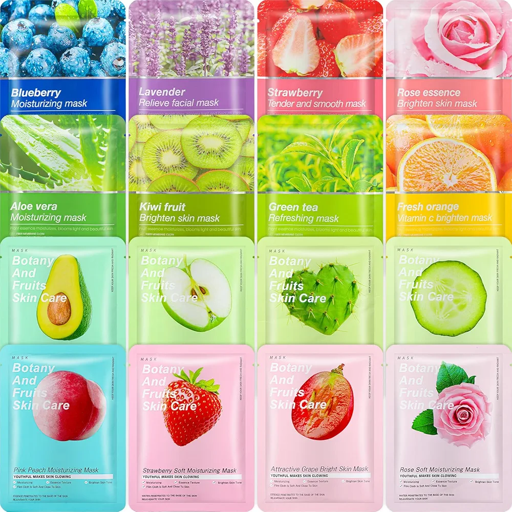 16 Pcs Combo Essence Face Masks Skincare Hydraiting Facial Mask Moisturizing Self Care Sheet Mask for Women Girls Home Spa Skin Care (Assorted Styles)