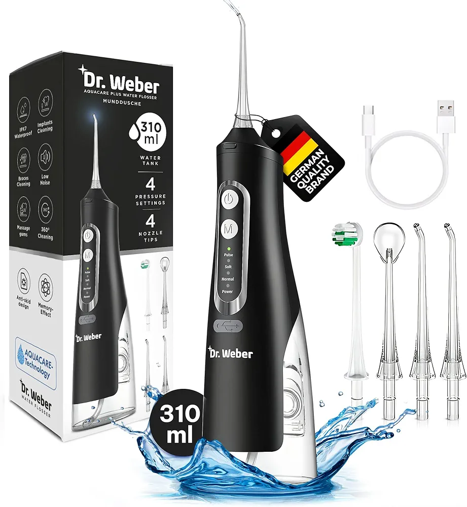 Dr. Weber Aquacare Oral Irrigator, Medical Aquacare Technology for Optimal Gum and Dental Care, Interdental Cleaner with 4 Modes and 4 Nozzles (Black, Pack of 1)