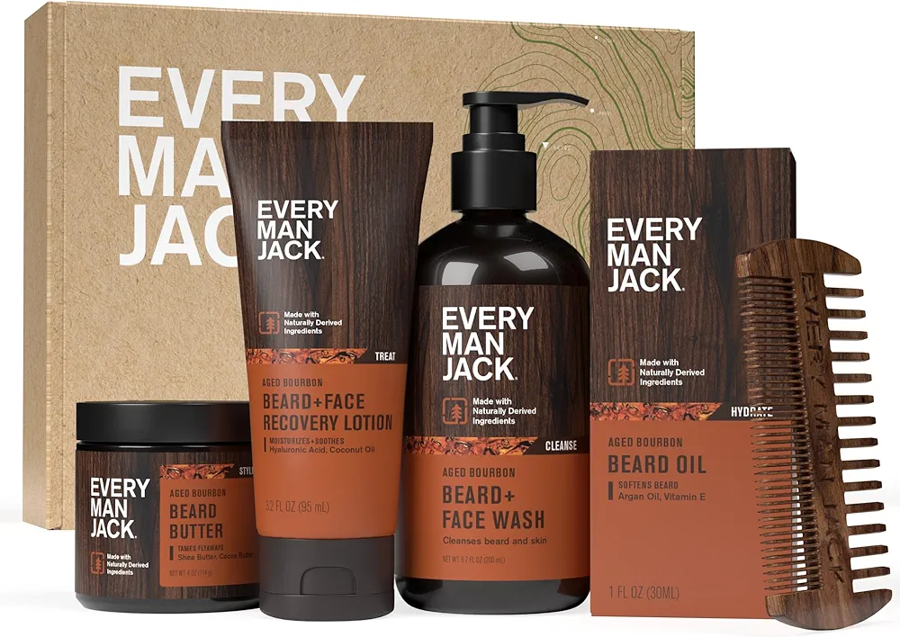 Every Man Jack Mens Aged Bourbon Beard Set - Five Full-Sized Grooming Essentials For a Complete Routine - Beard + Face Wash, Beard + Face Lotion, Hydrating Beard Oil, Beard Butter, and Beard Comb