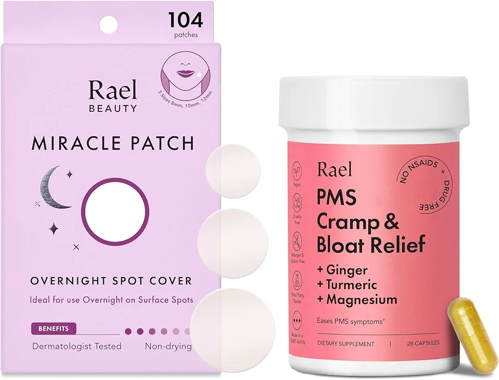 Rael Bundle - Overnight Spot Cover Pimple Patches (104 Count) & PMS Supplement for Women (28 Capsules)